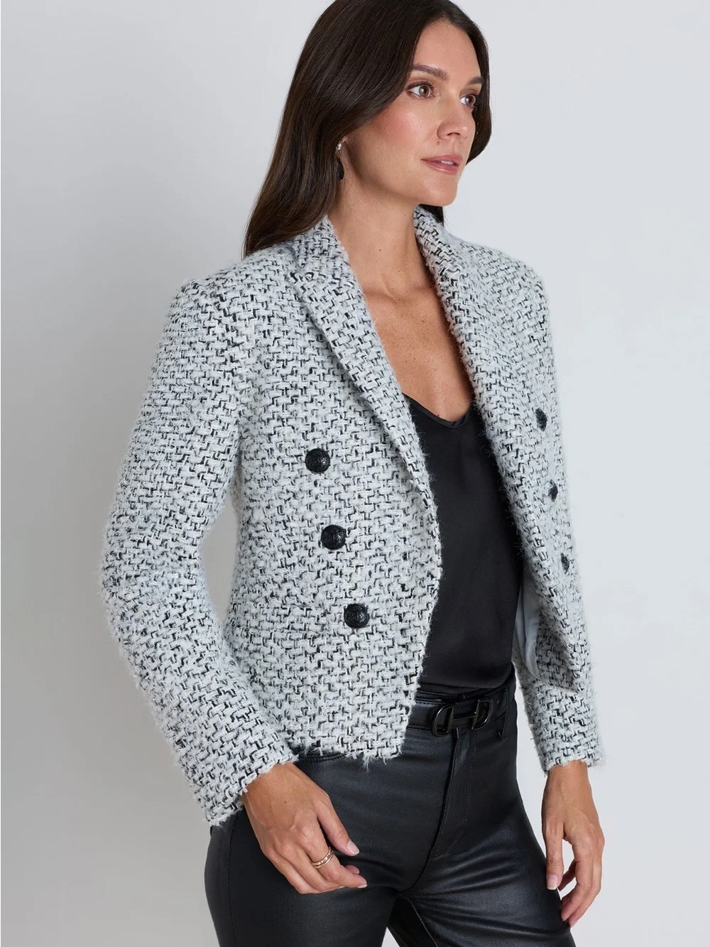 Noli Black & White Tweed Cropped Double-Breasted Blazer